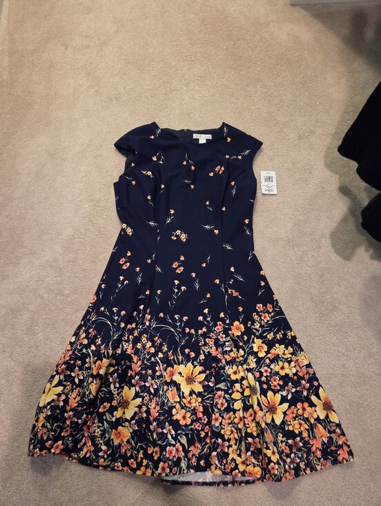 London Times Dresses & Skirts - Navy Floral Fit & Flare Dress with Yellow Orange Blooms